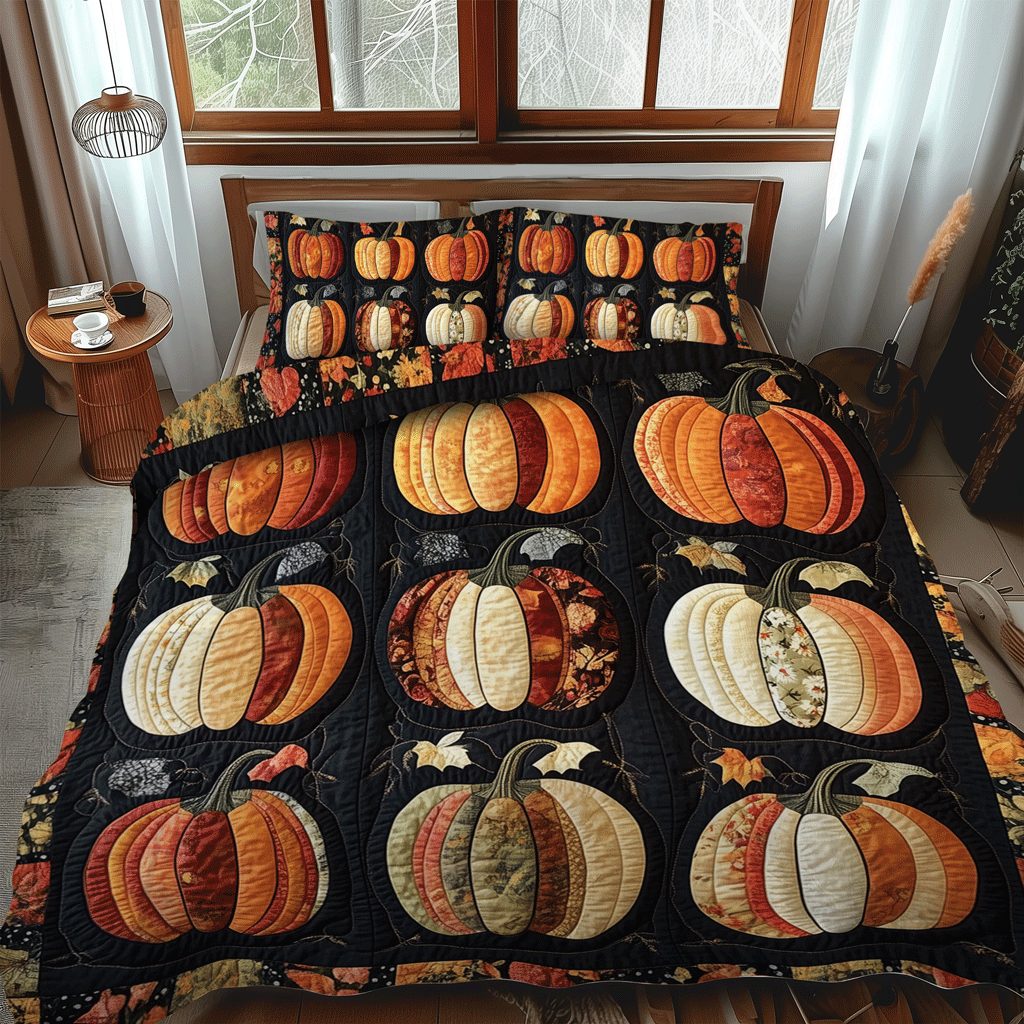 Pumkin Fest quilted 3-piece bedding set on a made bed with two matching pillow shams