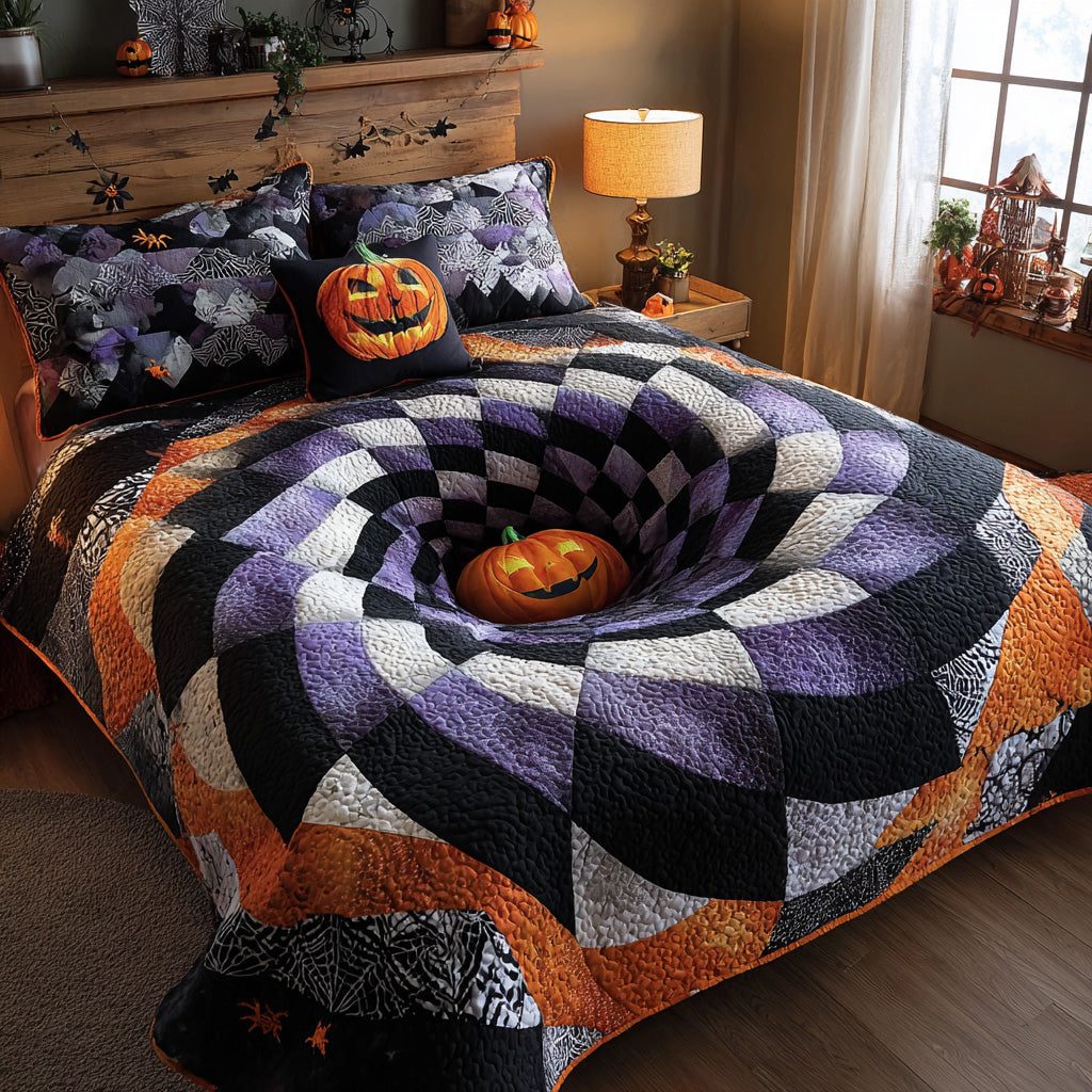 Pumpkin Abyss quilted 3-piece bedding set on a made bed against a dark styled interior