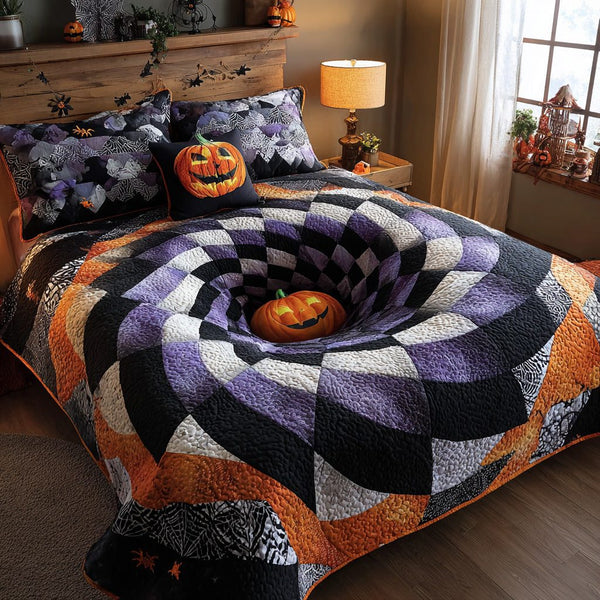 Pumpkin Abyss quilted 3-piece bedding set on a made bed against a dark styled interior