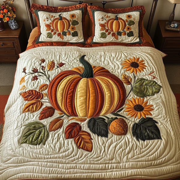 Pumpkin and Spice quilted 3-piece bedding set on a made bed against a dark styled interior