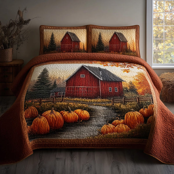 Pumpkin Barn quilted 3-piece bedding set on a made bed against a dark styled interior