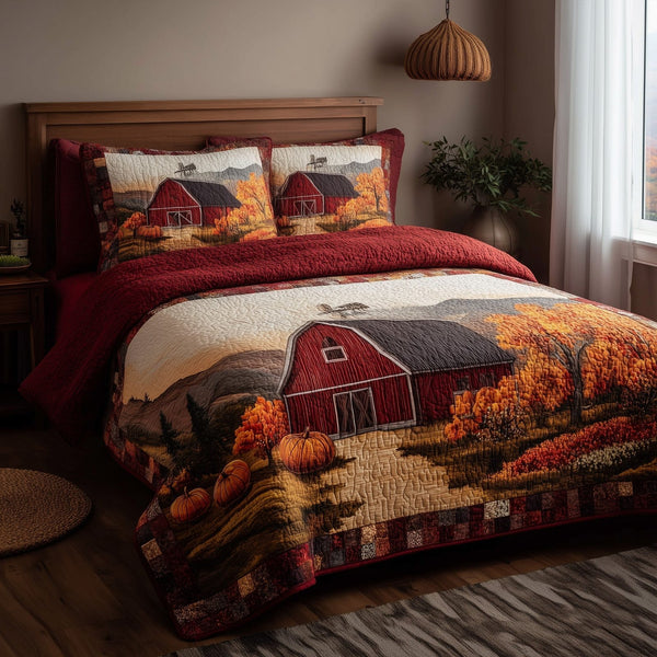 Pumpkin Barn quilted 3-piece bedding set on a made bed against a dark styled interior