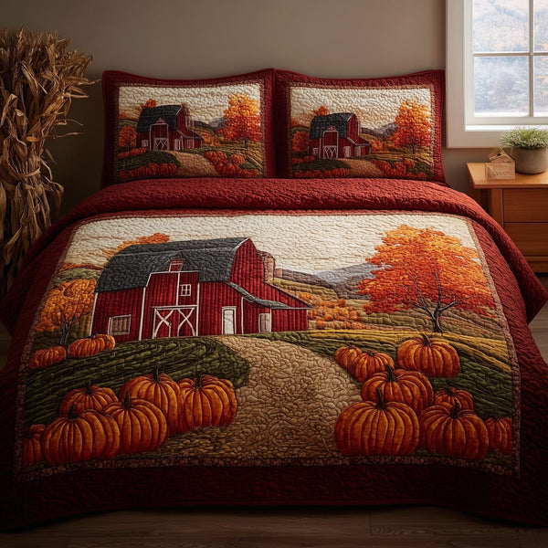 Pumpkin Barn quilted 3-piece bedding set on a made bed against a dark styled interior