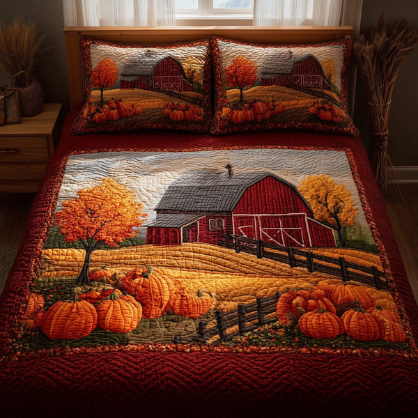 Pumpkin Barn quilted 3-piece bedding set on a made bed against a dark styled interior