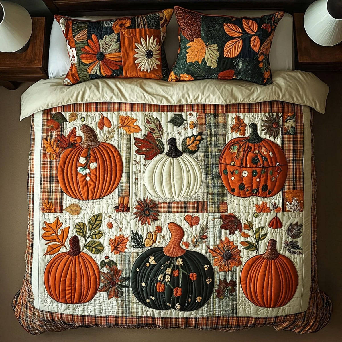 Pumpkin Blessings quilted 3-piece bedding set on a made bed against a dark styled interior