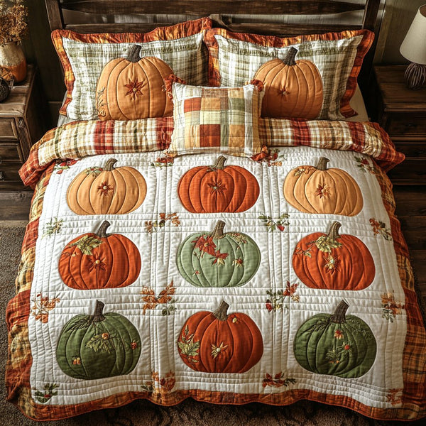 Pumpkin Bliss quilted 3-piece bedding set on a made bed against a dark styled interior