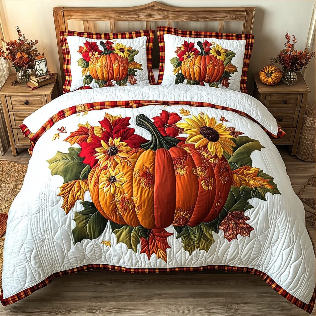 Pumpkin Bliss quilted 3-piece bedding set on a made bed against a dark styled interior