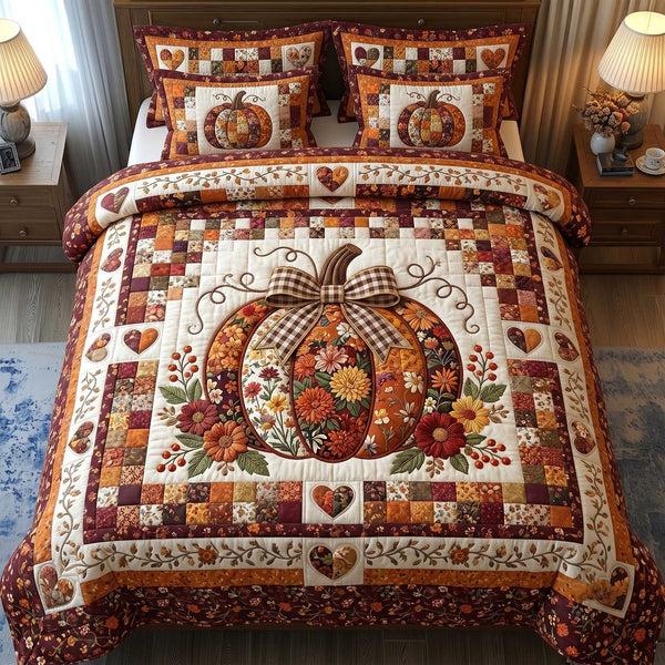 Pumpkin Blossoms Patchwork quilted 3-piece bedding set on a made bed against a dark styled interior