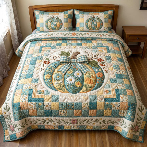 Pumpkin Blossoms Patchwork quilted 3-piece bedding set on a made bed against a dark styled interior