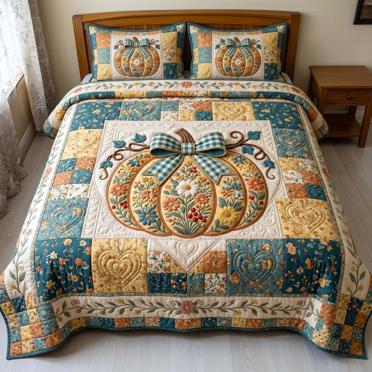 Pumpkin Blossoms Patchwork quilted 3-piece bedding set on a made bed against a dark styled interior