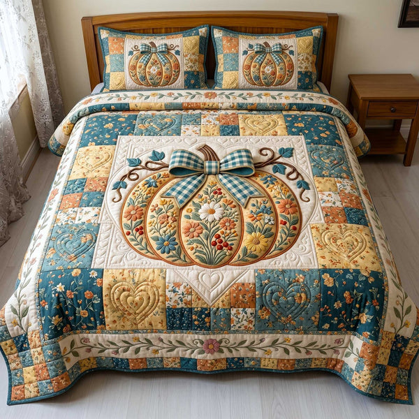Pumpkin Blossoms Patchwork quilted 3-piece bedding set on a made bed against a dark styled interior