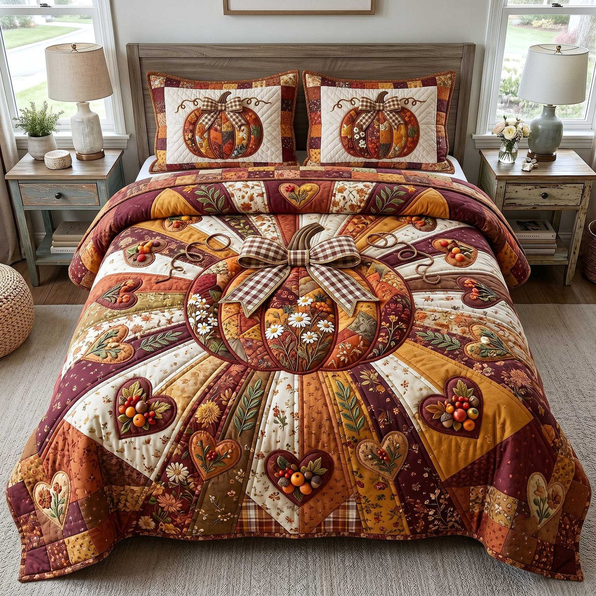 Pumpkin Blossoms Patchwork quilted 3-piece bedding set on a made bed against a dark styled interior