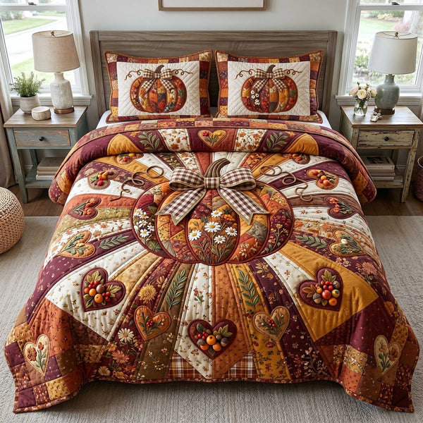 Pumpkin Blossoms Patchwork quilted 3-piece bedding set on a made bed against a dark styled interior