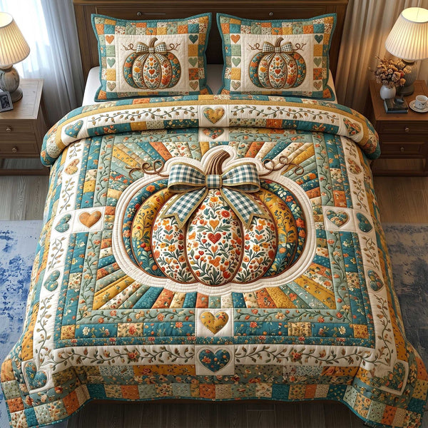Pumpkin Blossoms Patchwork quilted 3-piece bedding set on a made bed against a dark styled interior