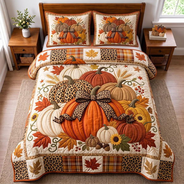 Pumpkin Bow quilted 3-piece bedding set on a made bed against a dark styled interior