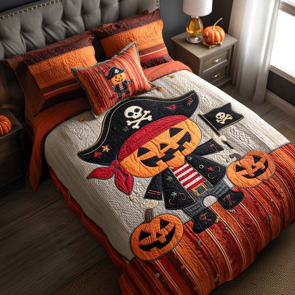 Pumpkin Captain quilted 3-piece bedding set on a made bed against a dark styled interior