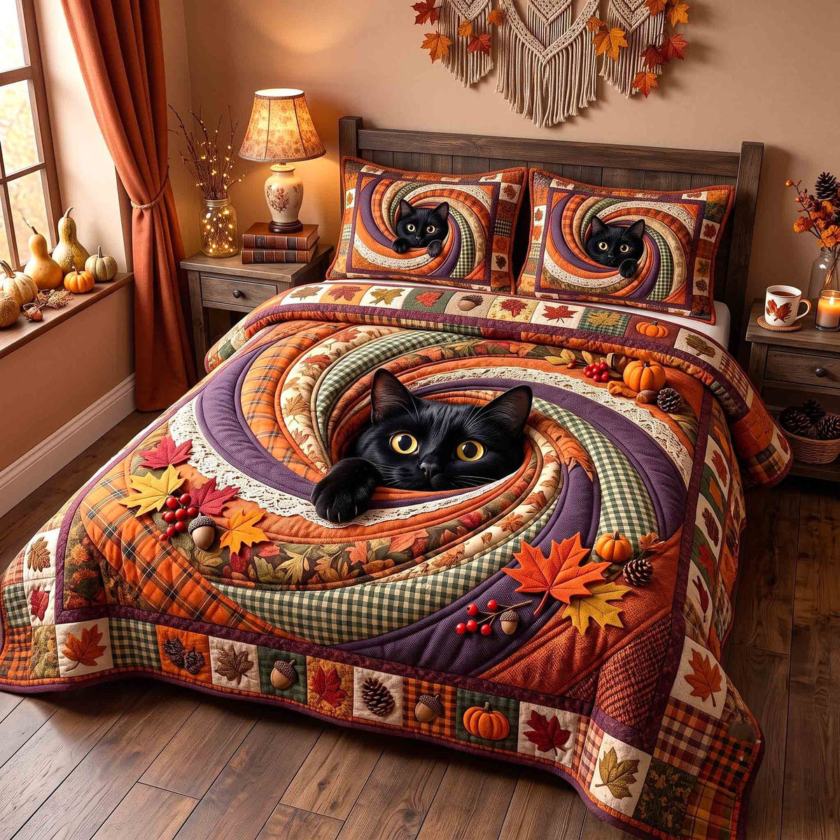 Pumpkin Cat Whimsy quilted 3-piece bedding set on a made bed against a dark styled interior