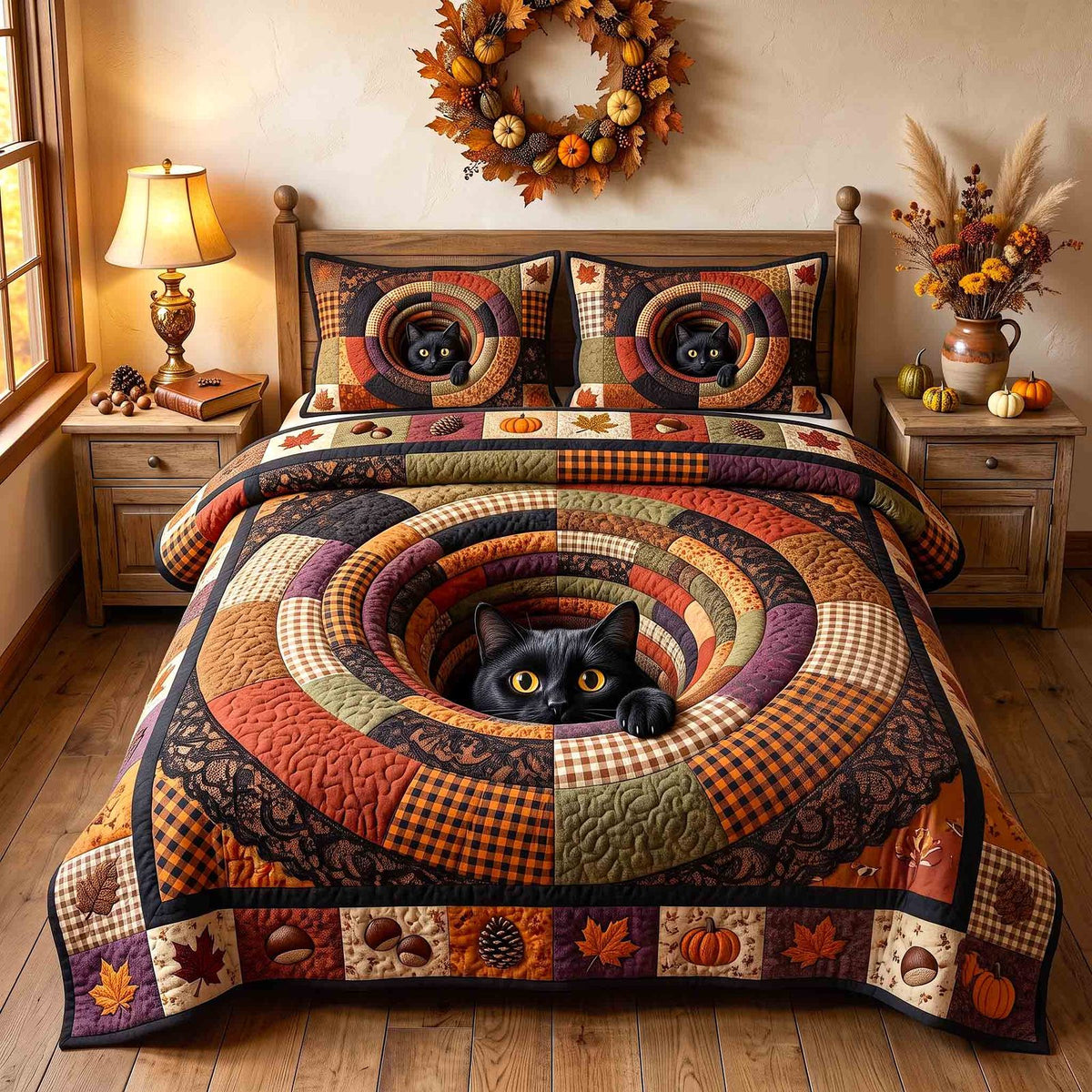 Pumpkin Cat Whimsy quilted 3-piece bedding set on a made bed against a dark styled interior