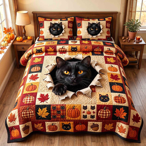 Pumpkin Cat Whimsy quilted 3-piece bedding set on a made bed against a dark styled interior