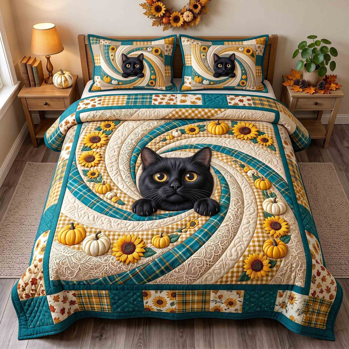 Pumpkin Cat Whimsy quilted 3-piece bedding set on a made bed against a dark styled interior