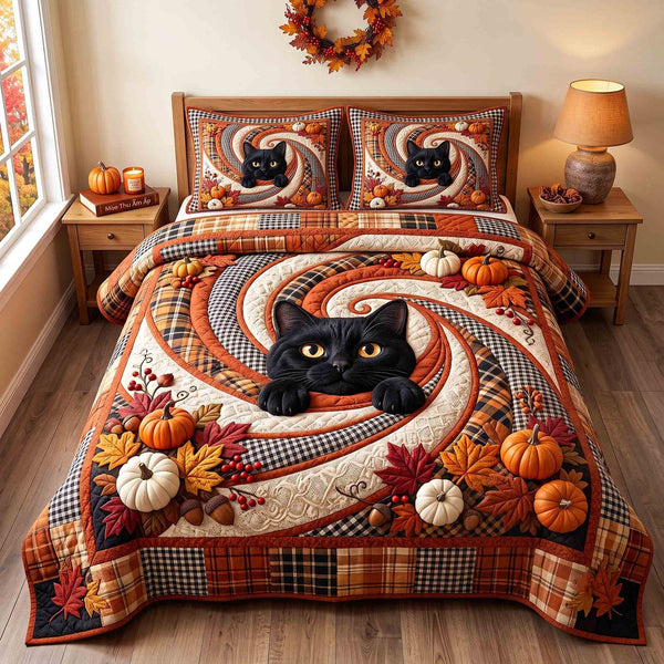 Pumpkin Cat Whimsy quilted 3-piece bedding set on a made bed against a dark styled interior