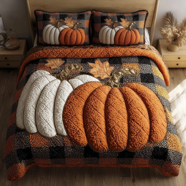Pumpkin Charm quilted 3-piece bedding set on a made bed against a dark styled interior