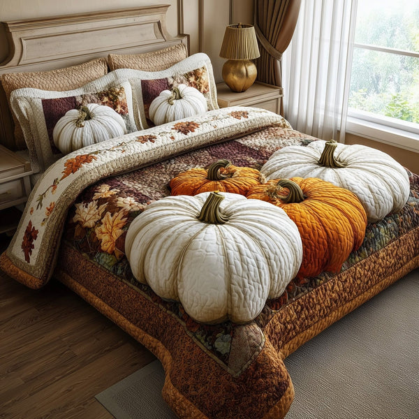 Pumpkin Charm quilted 3-piece bedding set on a made bed against a dark styled interior