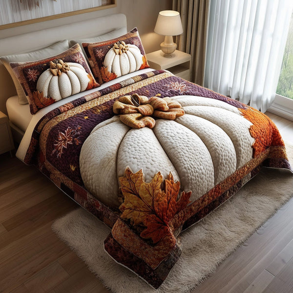Pumpkin Charm quilted 3-piece bedding set on a made bed against a dark styled interior