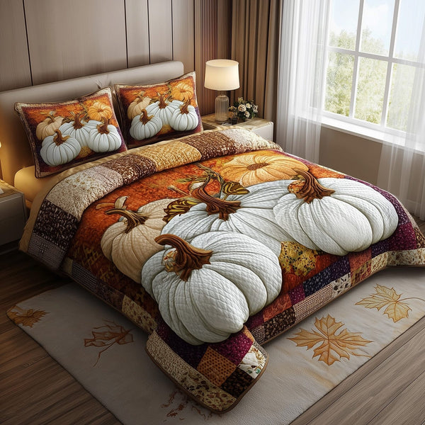 Pumpkin Charm quilted 3-piece bedding set on a made bed against a dark styled interior
