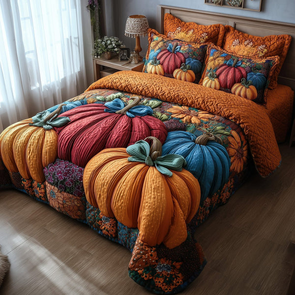 Pumpkin Charm quilted 3-piece bedding set on a made bed against a dark styled interior