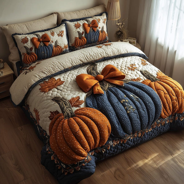 Pumpkin Charm quilted 3-piece bedding set on a made bed against a dark styled interior
