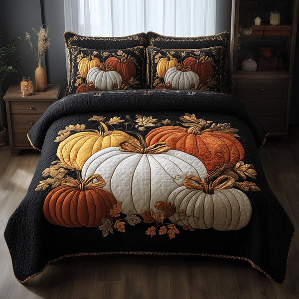 Pumpkin Charm quilted 3-piece bedding set on a made bed against a dark styled interior