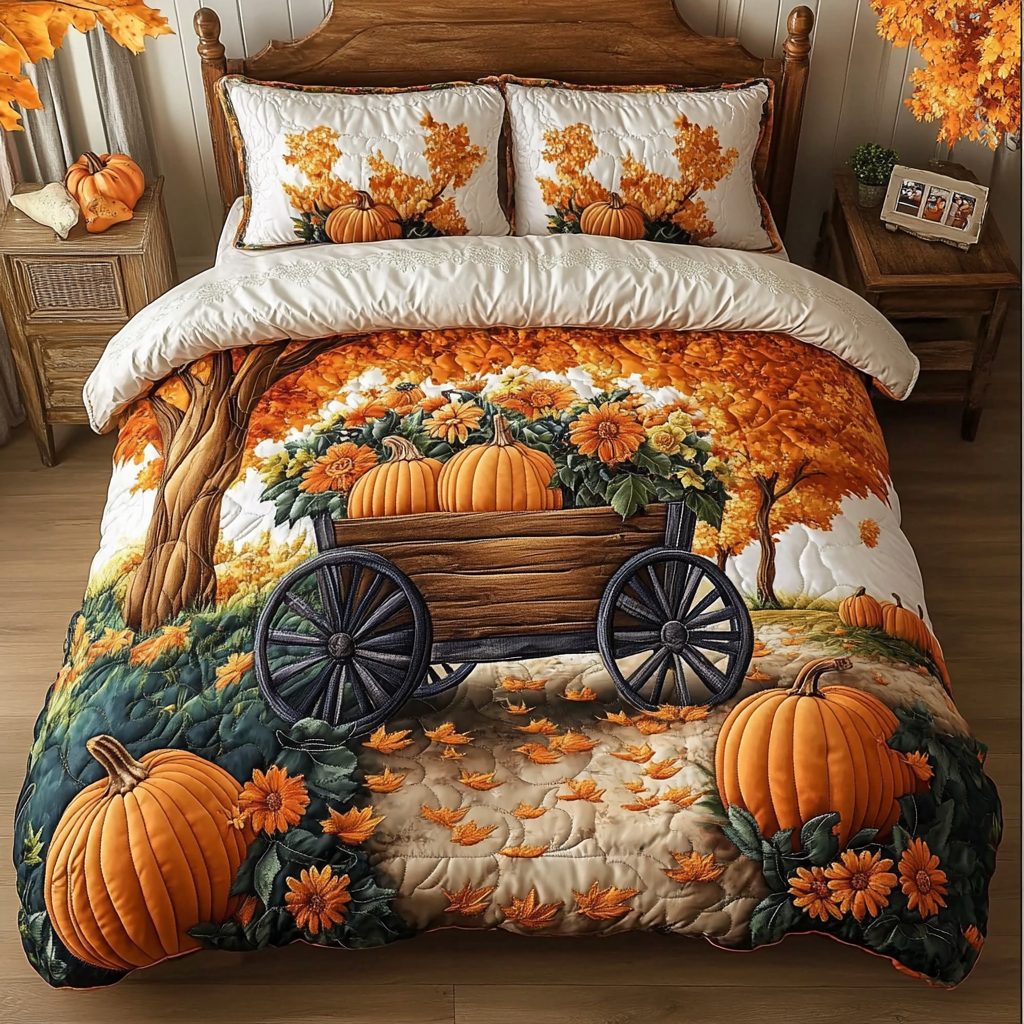 Pumpkin Charm quilted 3-piece bedding set on a made bed against a dark styled interior