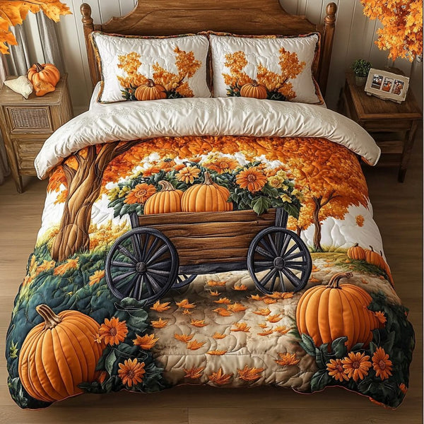 Pumpkin Charm quilted 3-piece bedding set on a made bed against a dark styled interior