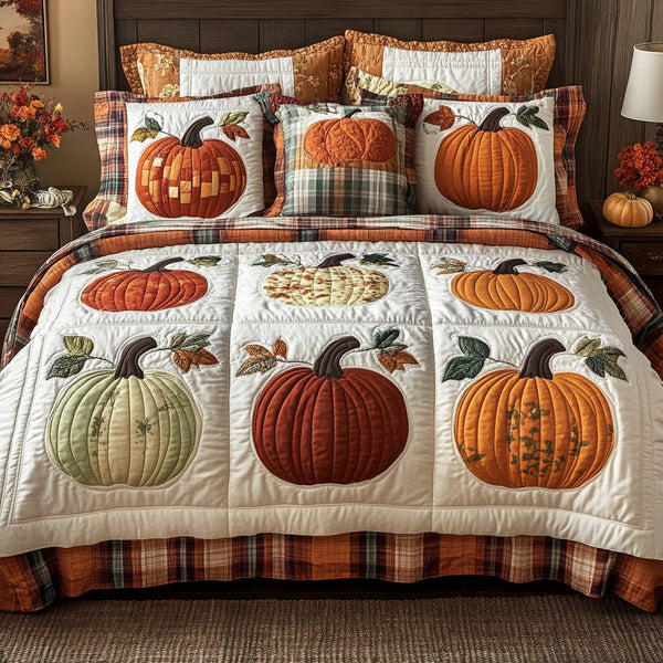 Pumpkin Charm quilted 3-piece bedding set on a made bed against a dark styled interior