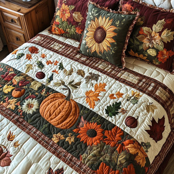 Pumpkin Charm quilted 3-piece bedding set on a made bed against a dark styled interior