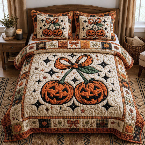 Pumpkin Cherries quilted 3-piece bedding set on a made bed against a dark styled interior