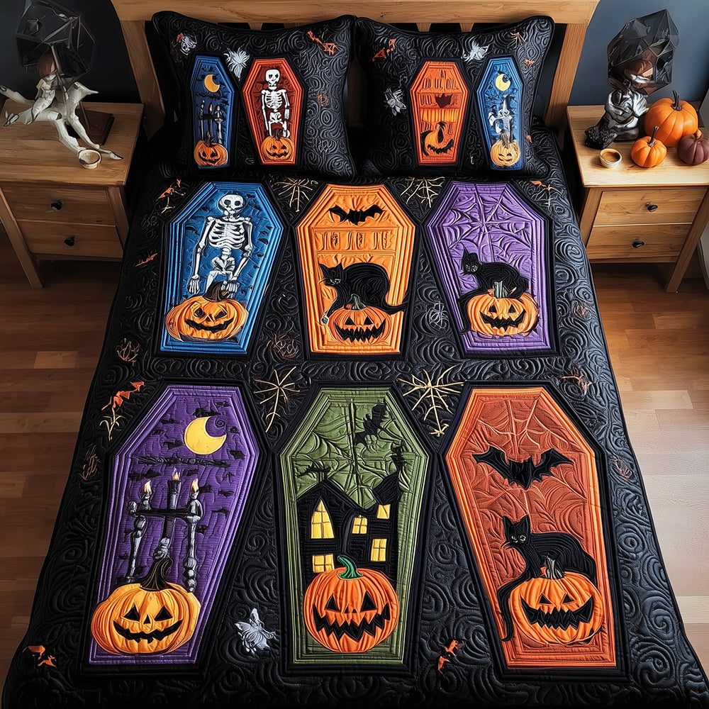 Pumpkin Coffins quilted 3-piece bedding set on a made bed against a dark styled interior