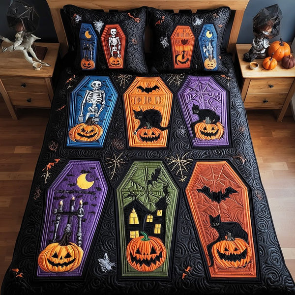 Pumpkin Coffins quilted 3-piece bedding set on a made bed against a dark styled interior