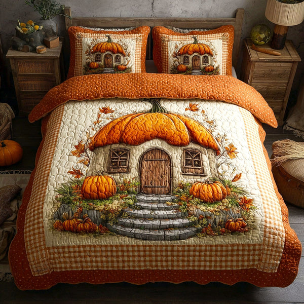 Pumpkin Cottage quilted 3-piece bedding set on a made bed against a dark styled interior