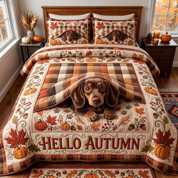 Pumpkin Dachshund quilted 3-piece bedding set on a made bed against a dark styled interior
