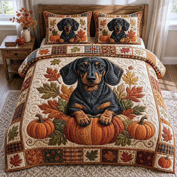 Pumpkin Dachshund quilted 3-piece bedding set on a made bed against a dark styled interior