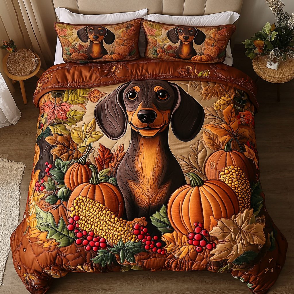 Pumpkin Dachshund quilted 3-piece bedding set on a made bed against a dark styled interior