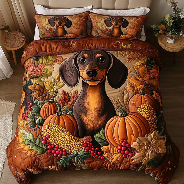 Pumpkin Dachshund quilted 3-piece bedding set on a made bed against a dark styled interior