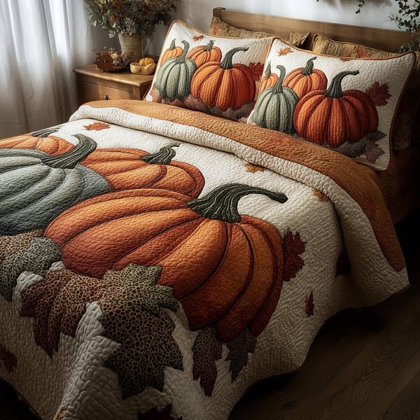 Pumpkin Delight quilted 3-piece bedding set on a made bed against a dark styled interior