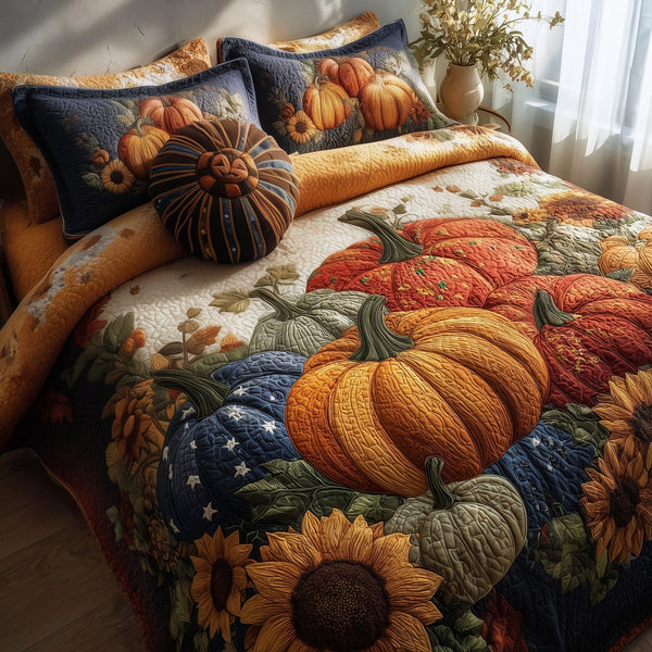Pumpkin Delight quilted 3-piece bedding set on a made bed against a dark styled interior