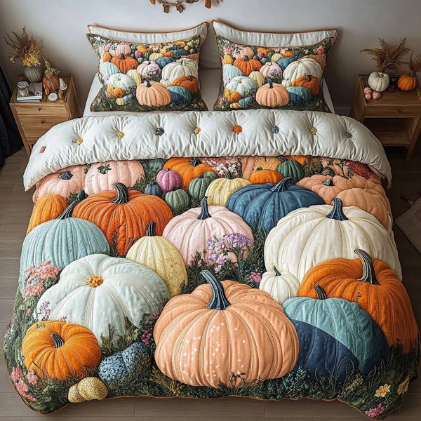 Pumpkin Delight quilted 3-piece bedding set on a made bed against a dark styled interior