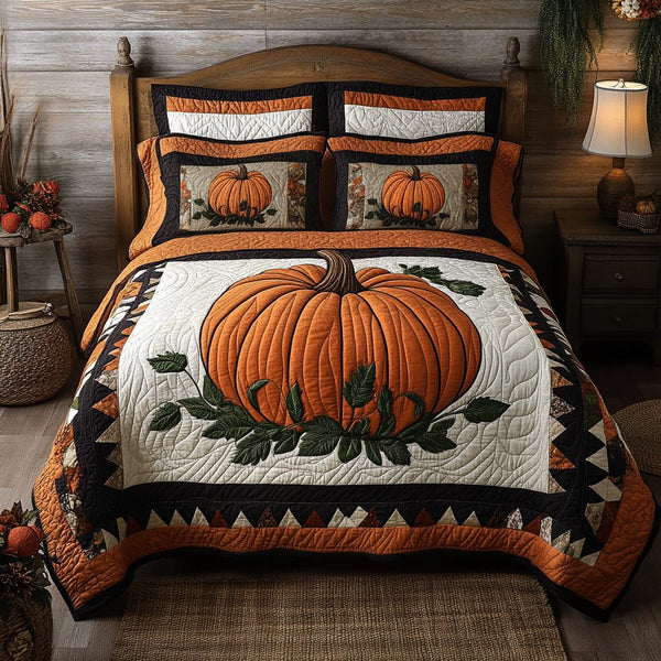 Pumpkin Delight quilted 3-piece bedding set on a made bed against a dark styled interior