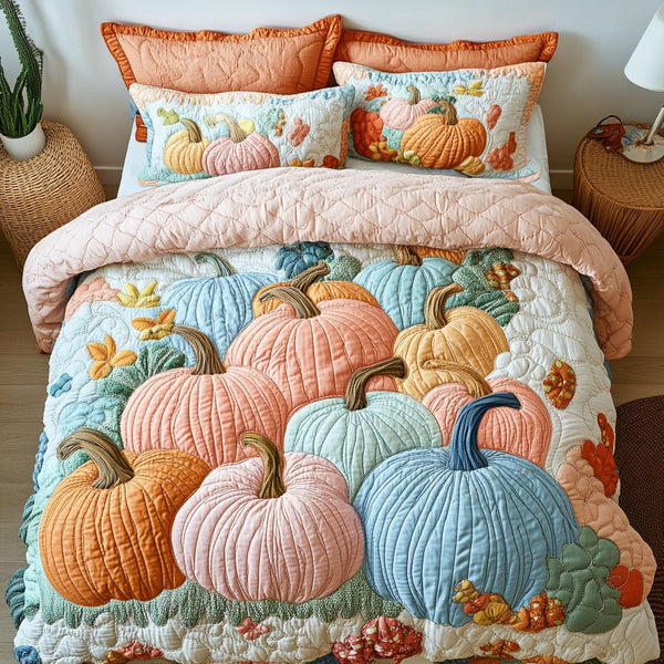 Pumpkin Dreams quilted 3-piece bedding set on a made bed against a dark styled interior