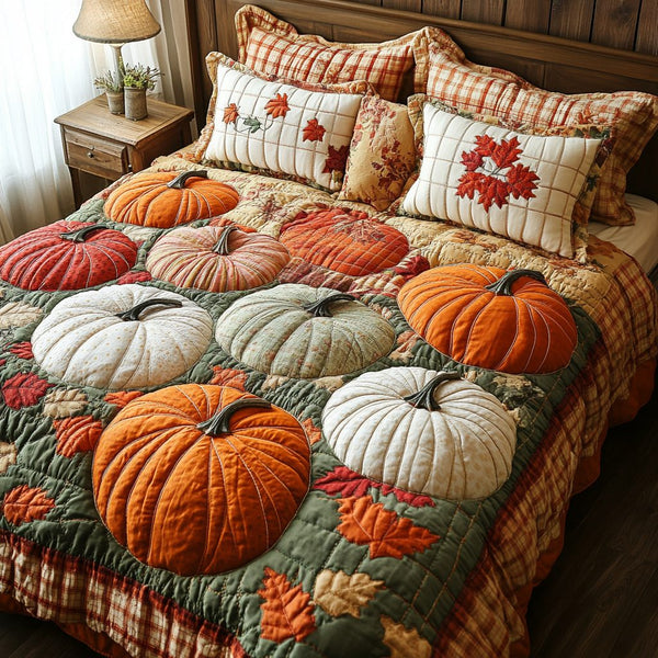 Pumpkin Dreams quilted 3-piece bedding set on a made bed against a dark styled interior